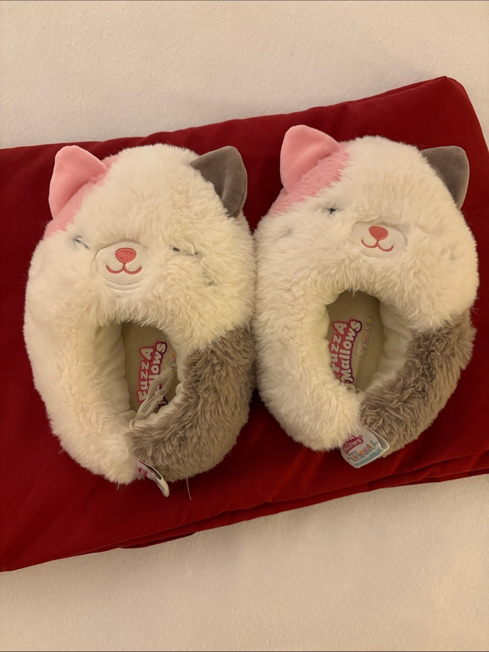 FuzzaMallows Plush Cat Slip-On Kids Slippers - Cream, Pink & Gray